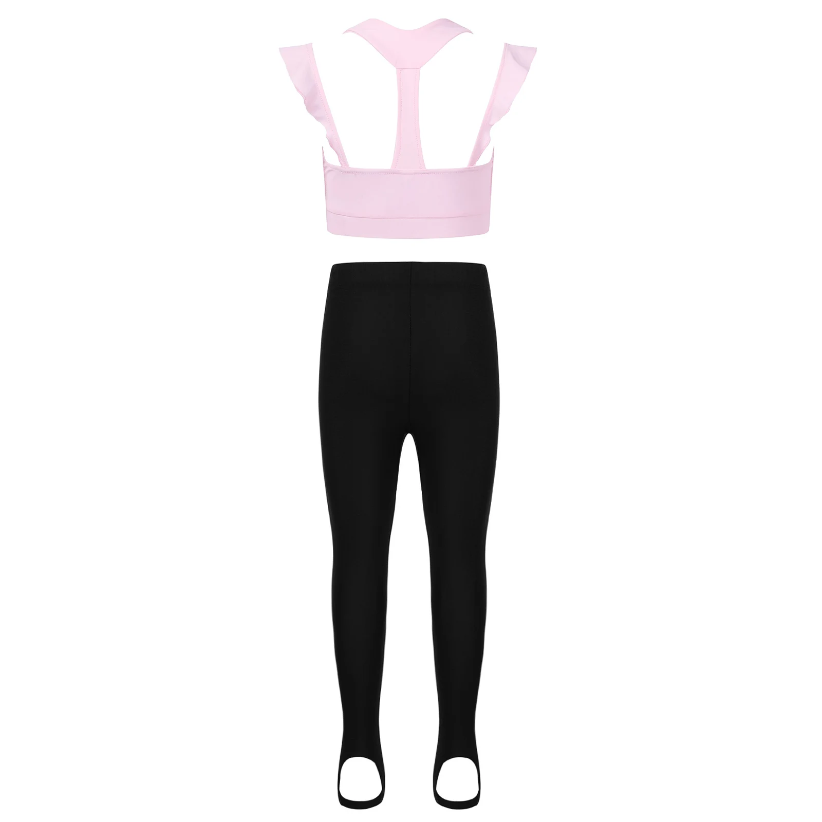 TiaoBug Girls U Neck Ruffled Straps Open Back Sports Tops With Stirrup Pantyhose Stockings Leggings Tights For Active Dance Gym