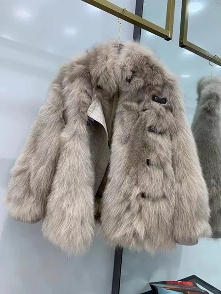 4 цвета натуральный Лисий мех пальто Короткие натуральный мех пальто теплая женская меховая куртка зимнее пальто - Цвет: Хаки