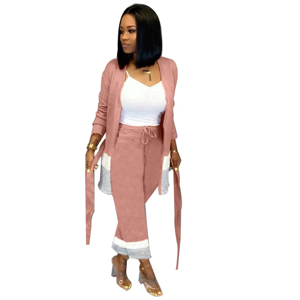 

Adogirl Winter Color Patchwork Cashmere Two Piece Set Open Stitch with Sashes Sweater+ Ankle Length Straight Pants Tracksuit