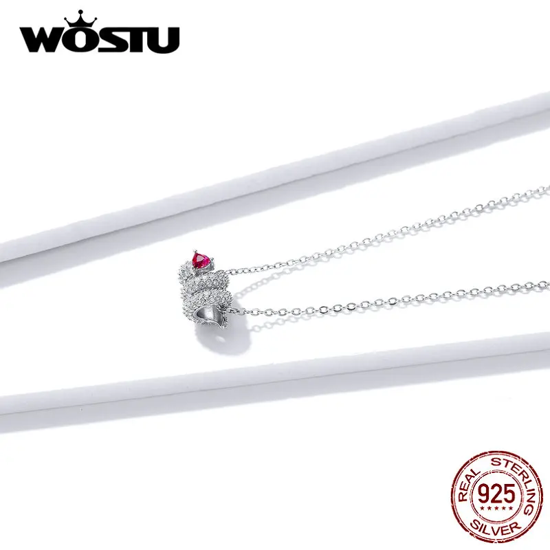 WOSTU Настоящее 925 пробы Серебряное ожерелье в форме сердца змеи с красным Цирконом любви очаровательное для женщин модное ювелирное изделие подарок BNN150