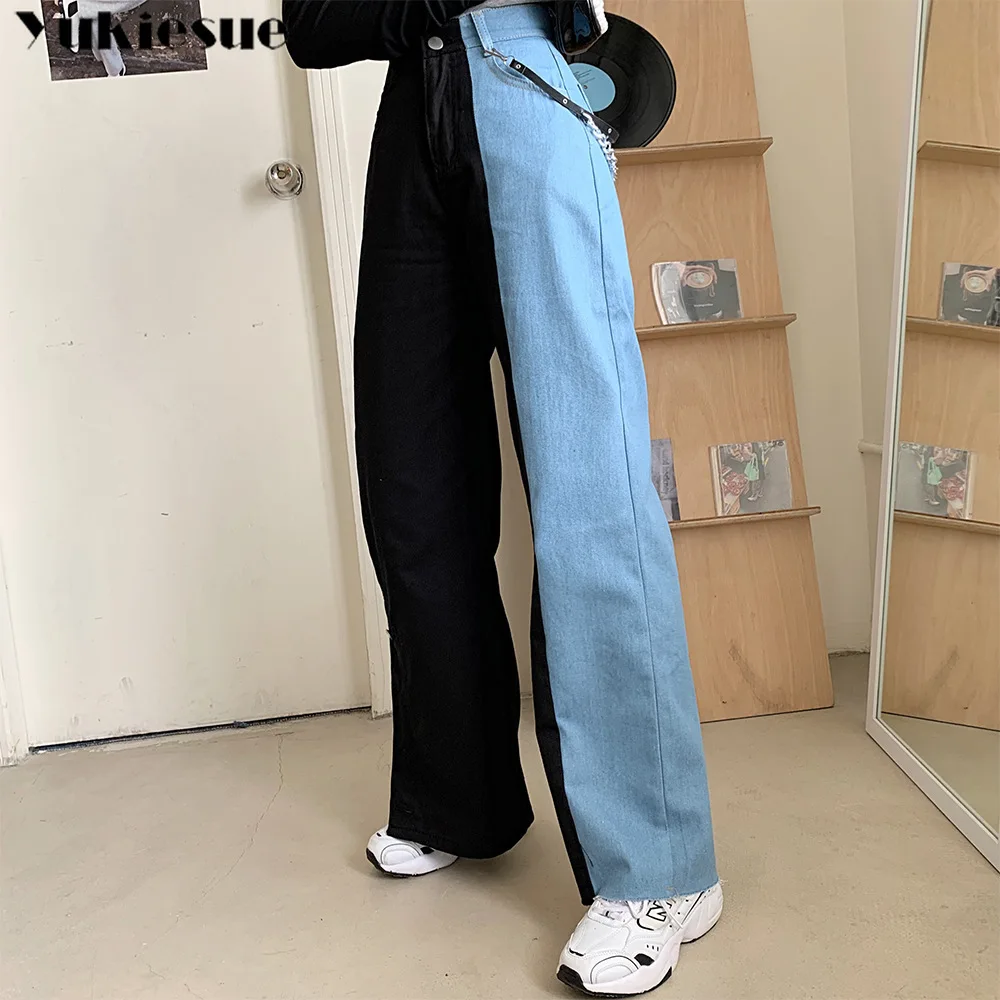 Autunno casuale a due di colore di cucitura del denim dei jeans delle donne  dei pantaloni 2020 della molla nuovi jeans a vita alta donna dritto  pantaloni larghi del piedino pantaloni|Jeans| -