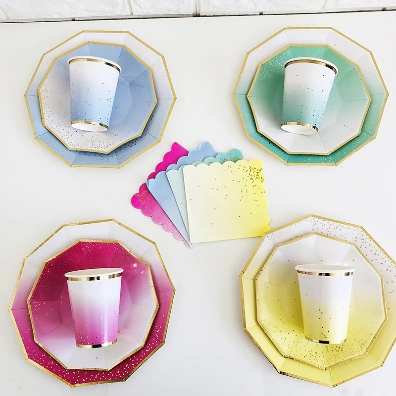 Disposable Tableware Gold Foil Gradient Paper Plates/Cups/Napkins For Home Kids Birthday Wedding Baby Shower Party Decorations | Дом и сад
