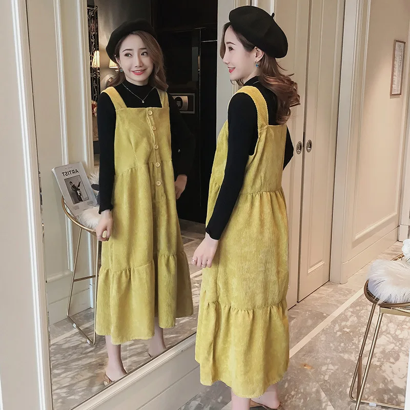 

Tops Mid-length 2019 New Style Korean-style Mid-length Fashion Corduroy Long Skirts Sweater Base Two-Piece Set