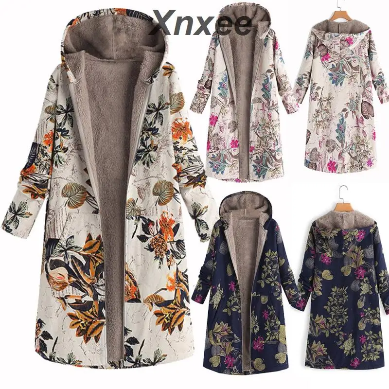 

Fashion Womens coat Winter Warm coat women Outwear Floral Print Hooded Pockets Vintage Oversize Coats Womens Xnxee