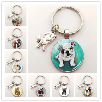 

Fashion Bull Dog Keychain British Bulldog Keyring Silver Round Hand Craft Glass Dome Keychains Key Rings For A Woman Bag