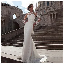 Лори Русалка свадебное платье с длинным рукавом Кружева аппликации свадебное платье пуговицы сзади пляжные свадебные платья