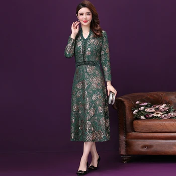 

Autumn New Popular Style Print Middle Aged Mother High Noble Simple Elegant Temperament Slim Banquet Women Dress Plus Size