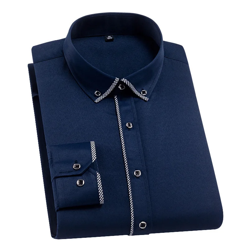Качественные жаккардовые роскошные мужские рубашки с манжетами, хлопковые мужские рубашки с воротником и длинным рукавом, деловые повседневные рубашки белого и темно-синего цвета - Цвет: Navy