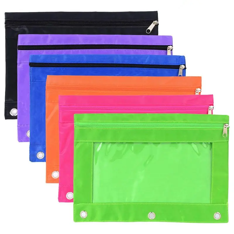 

6 Pieces Ring Binder Pouch Pencil Bag with Holes 3-Ring Zipper Pouches with Clear Window (6 Colors)