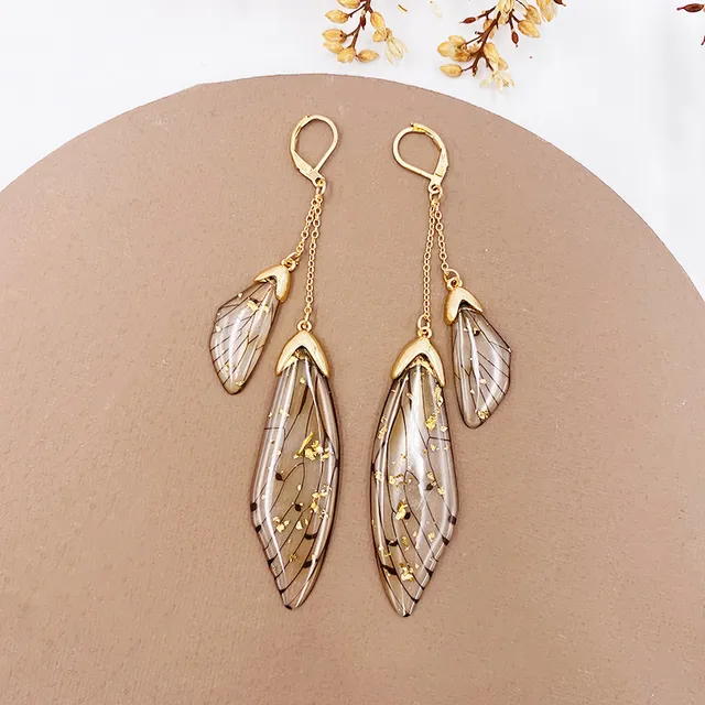 Fairy Resin Butterfly Earrings for Women Shining Crystal Flake Double Wing Long Drop Earrings Ladies Wedding Party Jewelry 2020 GF-Brown