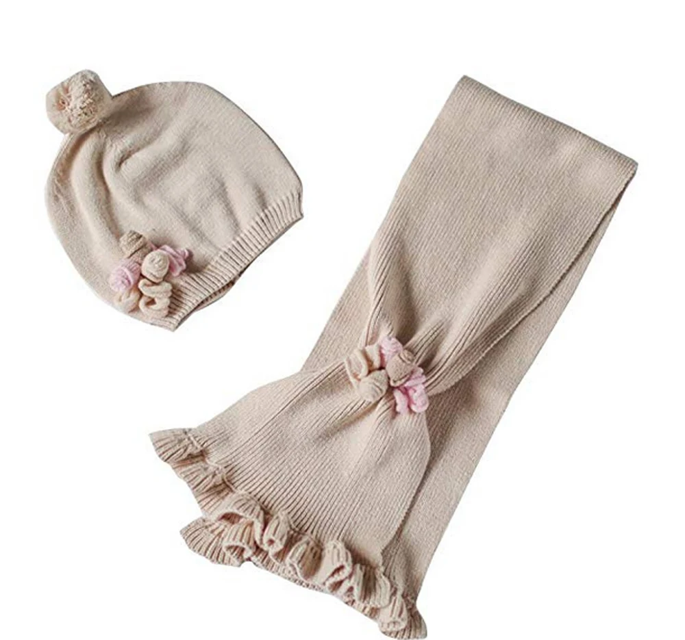 

TOU-- Kid Baby Girls Winter Hats And Scarf Suit Crochet Flower Model Hats Chlidren Hats Baby Scarf