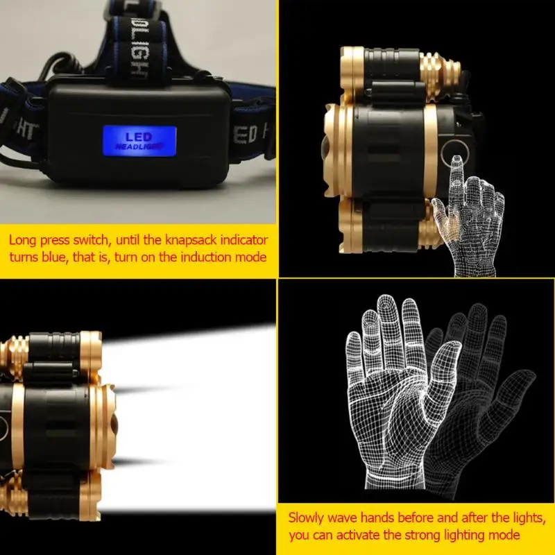 XINSITE V15 Zoomable 3 светодиодный перезаряжаемый головной светильник с датчиком зарядка через usb для рыбалки наружный светильник-вспышка