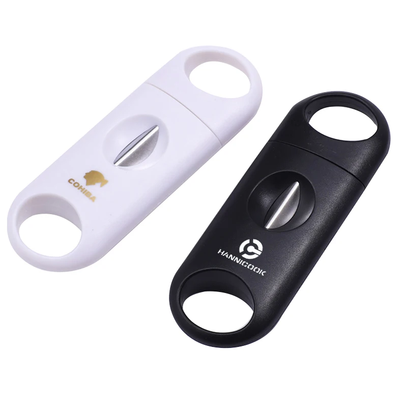 COHIBA-cortador de cigarrillos de plástico con hoja de acero inoxidable, herramienta de corte con forma de V, corte afilado, bolsillo de guillotina