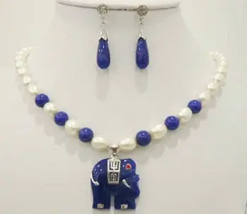 

Natural white rice pearl & blue jade elephant pendant necklace earrings Set