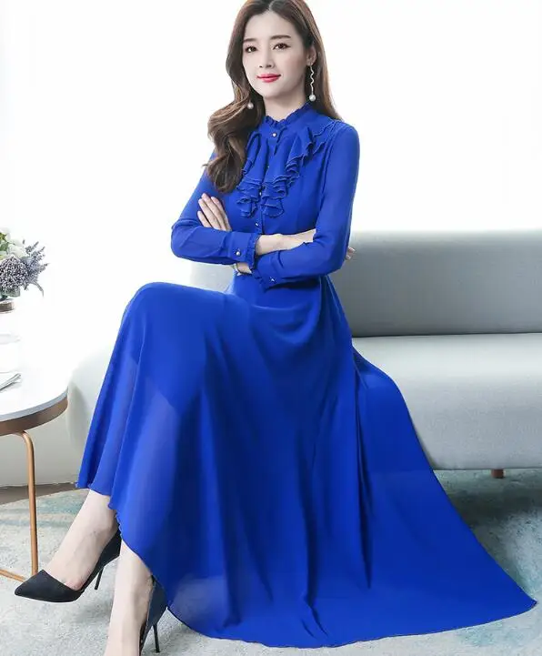 Весеннее Новое поступление размера плюс M-3XL однотонное шифоновое платье со стоячим воротником и длинным рукавом для женщин - Цвет: Синий