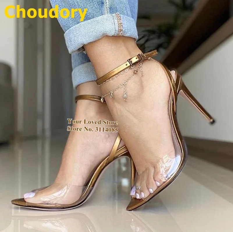 

Choudory Women Transparent Clear PVC High Heel Shoes Gold Buckle Strap High Heel Sandals Open Toe Patchwork Thin High Heel Pumps