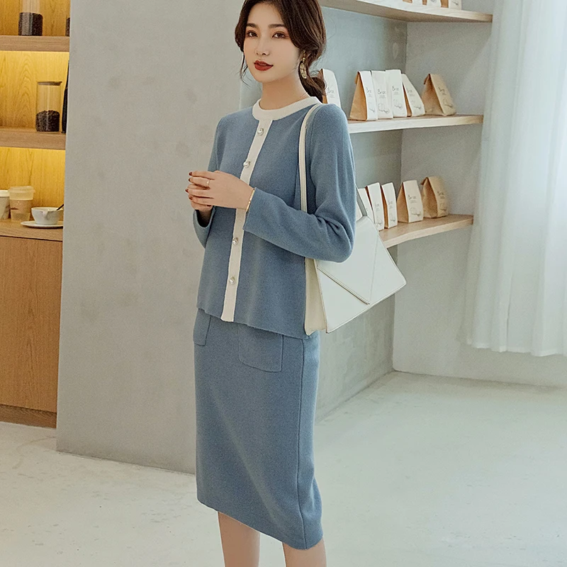 

New Women Autumn Winter 100% Cashmere Wool Knitted Warm Suit O-neck Sweater + Cashmere Skirt Loose Style Two-Piece Set Knit Coat