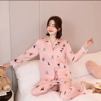 

New Pajamas Women Autumn Ice Silk Long Sleeve Two-piece Set Korean Cartoon Bear Print Sweet Lace Girl Homewear Pijama Navidad