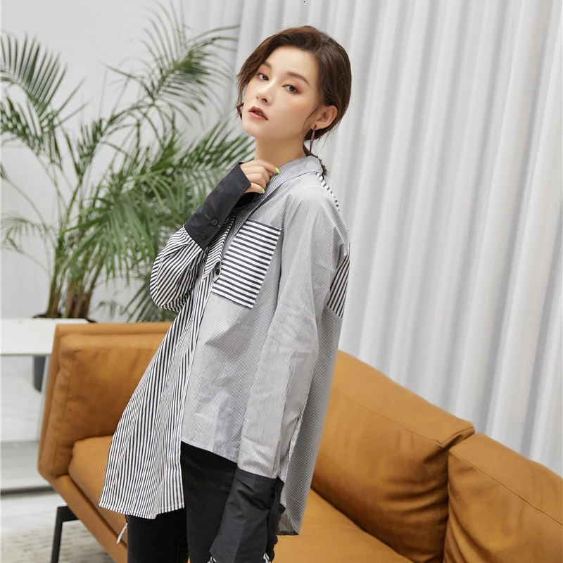  [EAM] Women Black Striped Asymmetrical Split Joint Blouse New Lapel Long Sleeve Loose Fit Shirt Fas