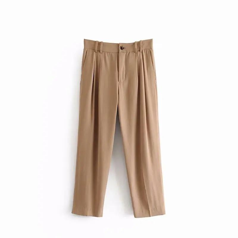 

KZ945 New Design Women Pleated Back Elastic Waist Casual Pants Khaki Color Match All Trousers