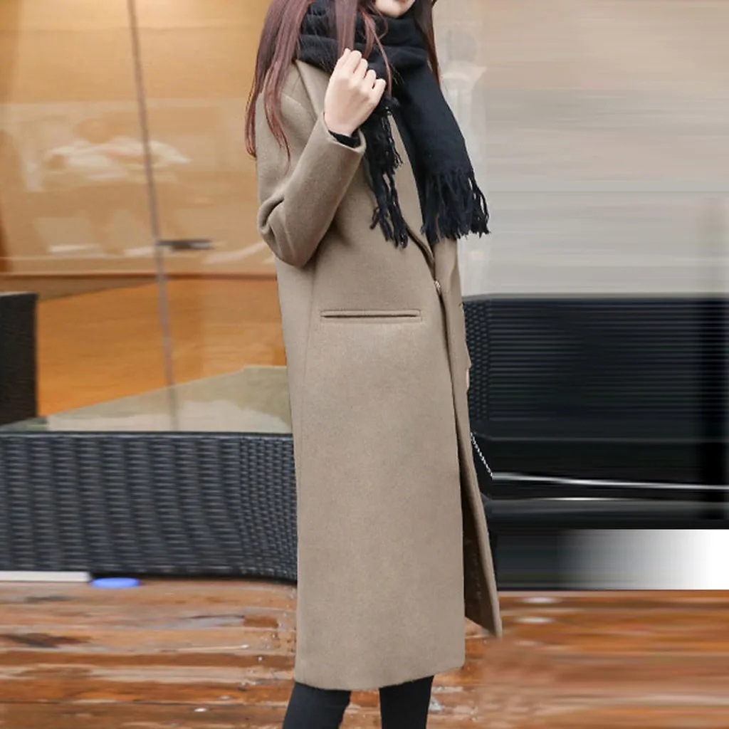 Осеннее Женское шерстяное пальто с карманами, новое модное длинное шерстяное пальто, облегающее одноцветное Женское зимнее шерстяное пальто, женская верхняя одежда# J30