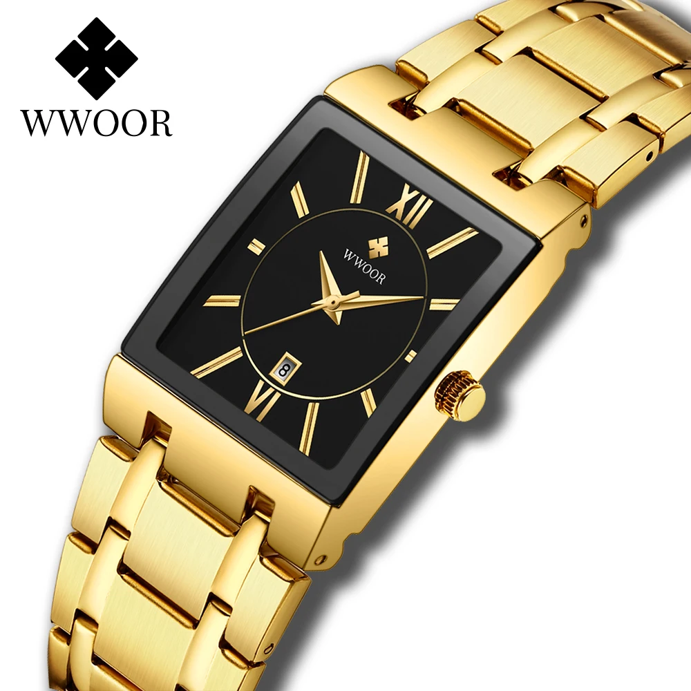 WWOOR Luxury Gold Black Watch For Women Fashion Square Quartz Watch Ladies Dress Wrist