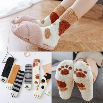 

1 pair of plush coral fleece socks female tube socks autumn and winter cat claws cute thick warm sleeping floor sleep socks