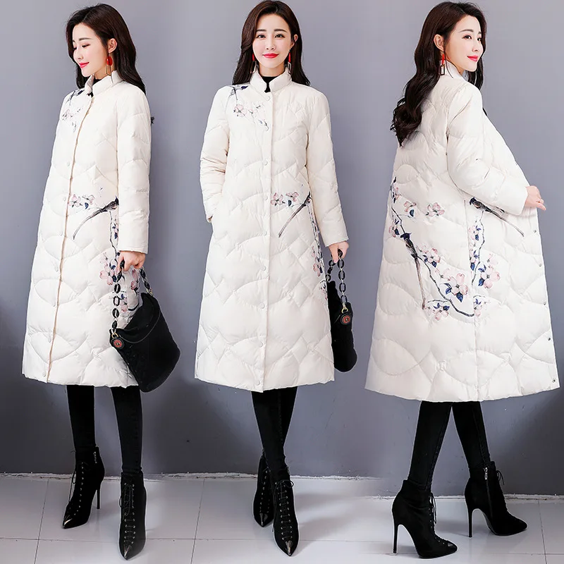 

Chinese-style Warm Mid-length over-the-Knee Cotton Coat Women's 2018 Winter New Style Slim Fit Ink Painting Printed Coat Cotton-