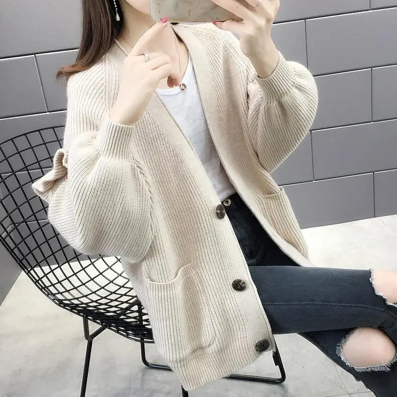 Beige Женские свитера осень и зима новые повседневные кардиганы с v-образным вырезом модные вязаные однобортные свитера для женщин - Color: Beige