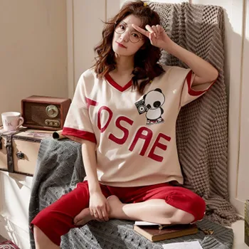 

Pajama women's summer thin cotton short sleeve large size loose summer lovely home clothes 100KG weight two piece suit