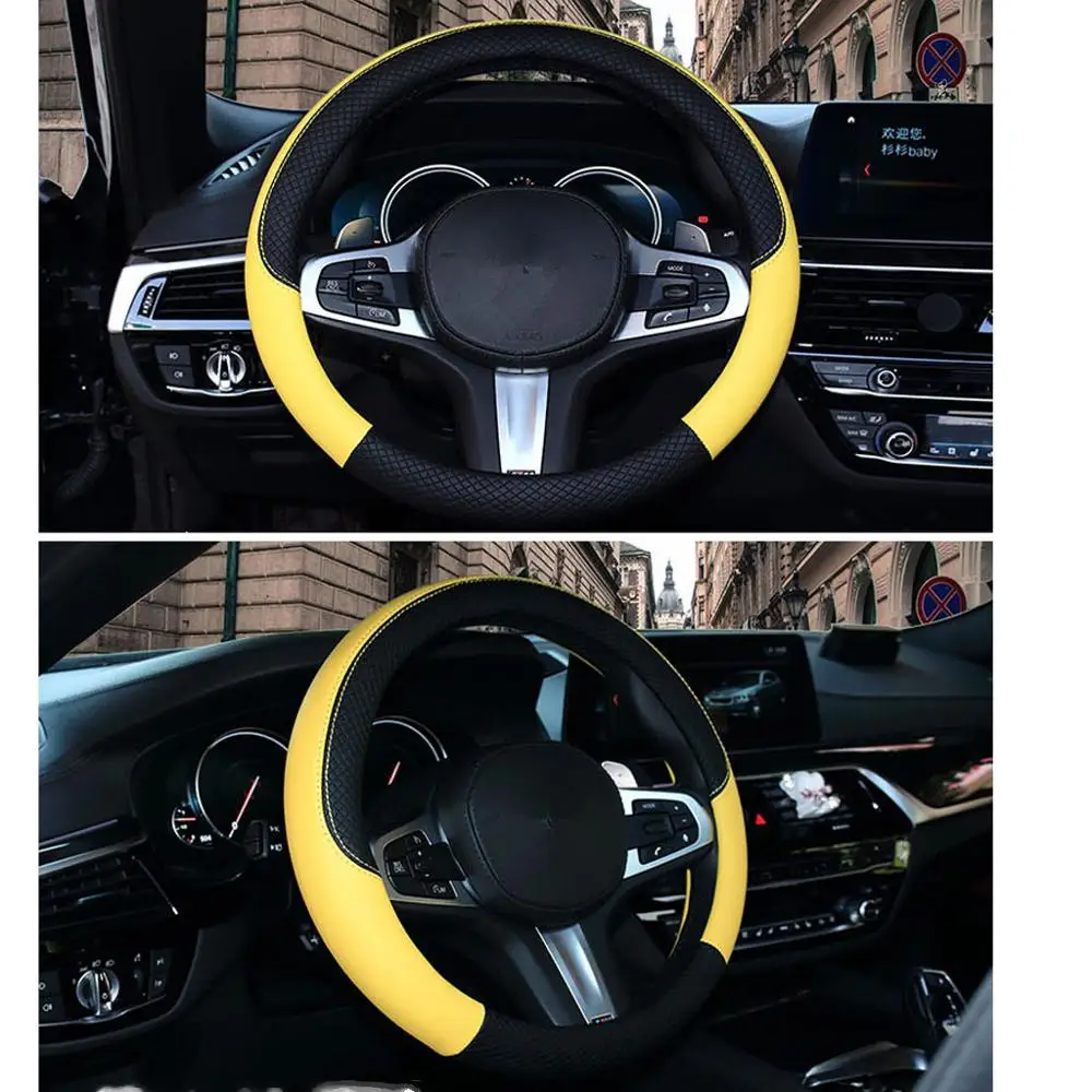 Yellow Чехол рулевого колеса автомобиля из искусственной кожи против скольжения выцветает дышащий протектор Авто аксессуары подходят для большинства автомобилей Стайлинг - Название цвета: Yellow