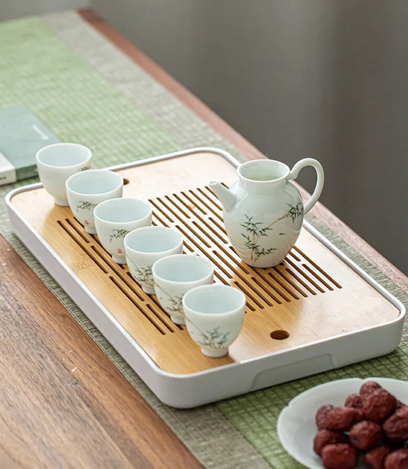 

Поднос для хранения чая из меламина и бамбука, современный чайный сервиз, прямоугольный традиционный поднос из бамбука в китайском стиле
