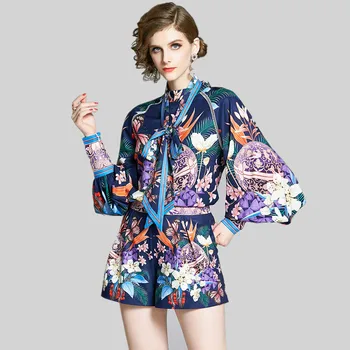 

2020 Summer Holiday Floral Printed Twinest 2 Piece Set Lantern Sleeve Bow Blouse Shirt and Pocket Shorts Mini Pant Vocation Sets