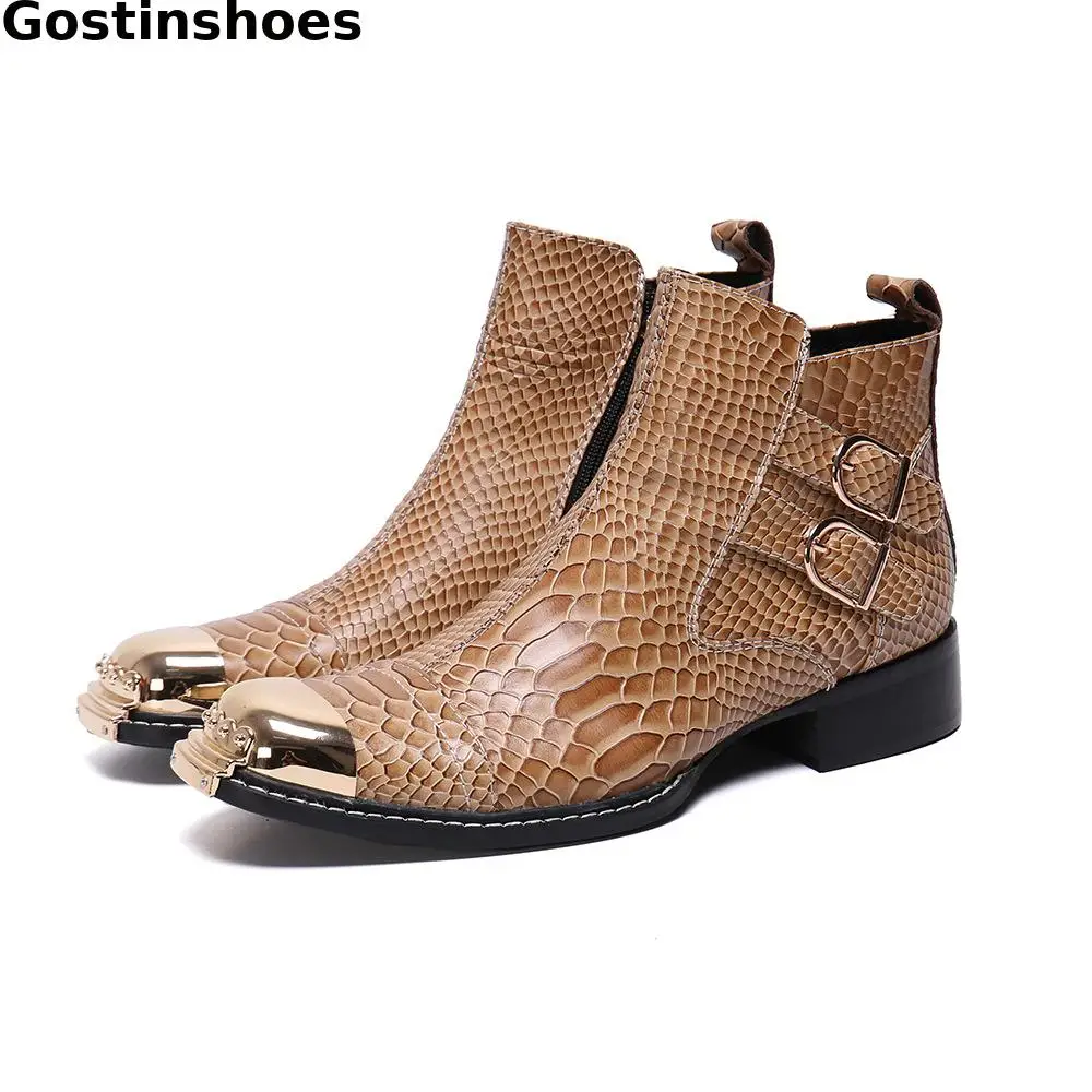 

Men Ankle Boots Snake Skin Pattern Printed Genuine Leather Men Short Work Boots Metal Captoe Pointed Side Zip Buckle Straps Boot