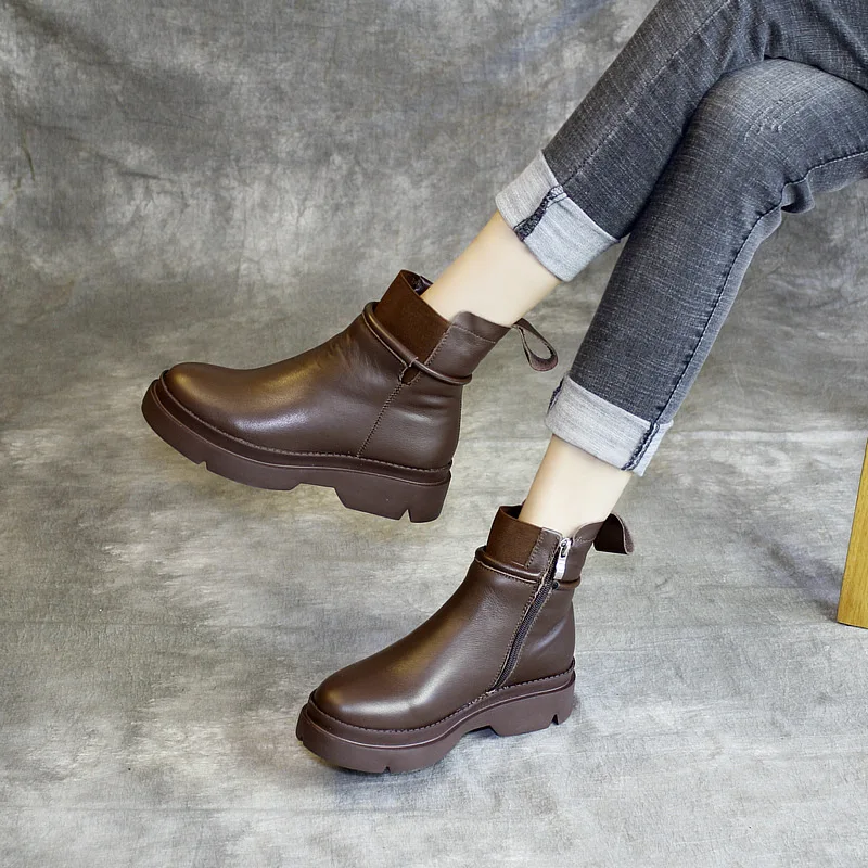 

Original manual leather short boots, women's thick, casual, short boots, cotton, Martin boots, platform