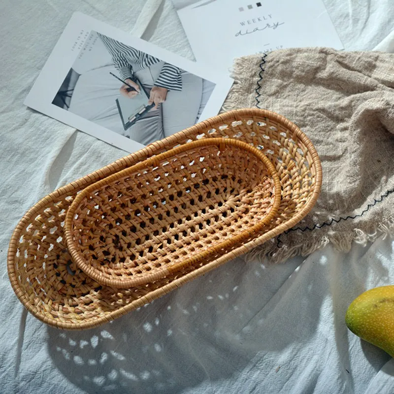 S/L Wicker Rattan Storage Tray Hand-Woven Tea Dessert Plate Round Food Fruit Bread Breakfast Serving Tray for Home Dinner Party 5