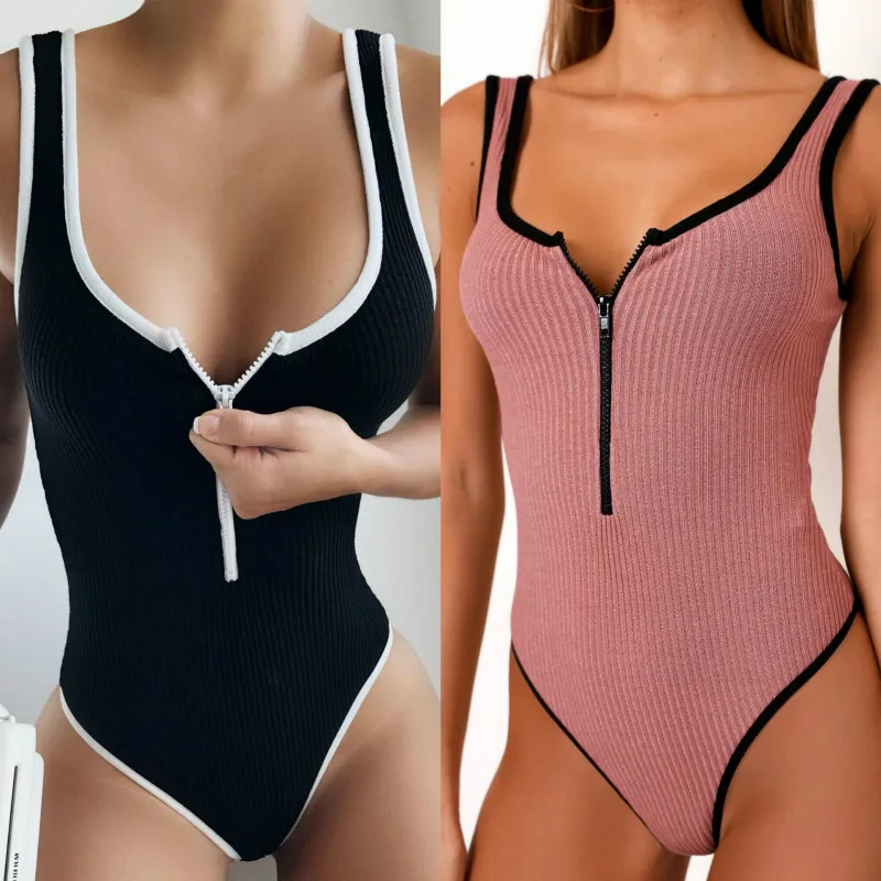 Body Sexy para mujer, mono de punto de retales sin mangas con cremallera, trajes elásticos Bodycon de moda para mujer 2020