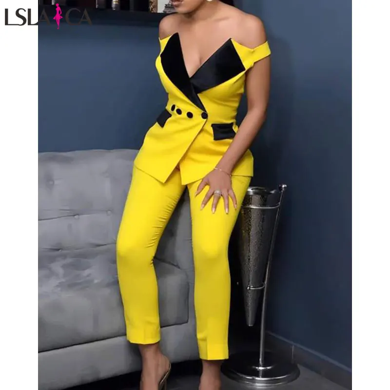 

Elegant Women two piece outfits colorblock Off Shoulder V-neck Buttoned Blazer & Pants Sets long sleeve sexy party women sets