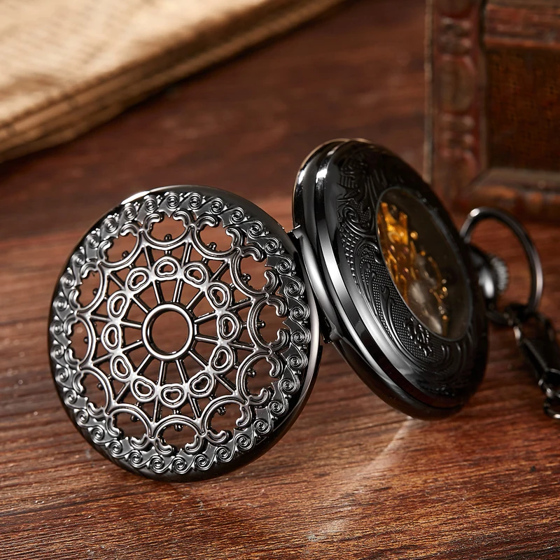 Luminous Mechanical Pocket Watch Hollow Black Dial Hand-Winding Men Pendant Collection Fob Chain Watch Skeleton Steampunk Clock