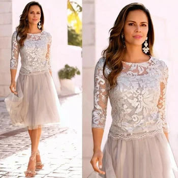 

Charming Short Mother Of The Bride Dresses with 3/4 Sleeves Tulle Lace Wedding Party Dress Jewel Neck Mother Dresses For Wedding