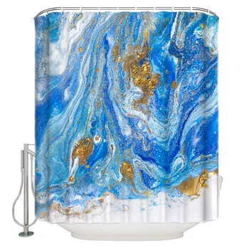 

Blue Marble Texture, Abstract, Gold Shower Curtain Decor with Hooks Waterproof