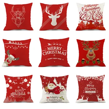

New Style Pillow Case Christmas Section Elk Santa Claus Red Festive Printed Flax Cushion Nap Backrest