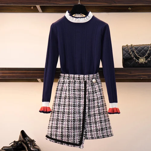 

Knit Long Sleeve Ruchd O-Neck Jumper Sweaters Tops+Tweed High Waist Irregular Skirts Women Fashion Autumn Office Work 2PCS Sets