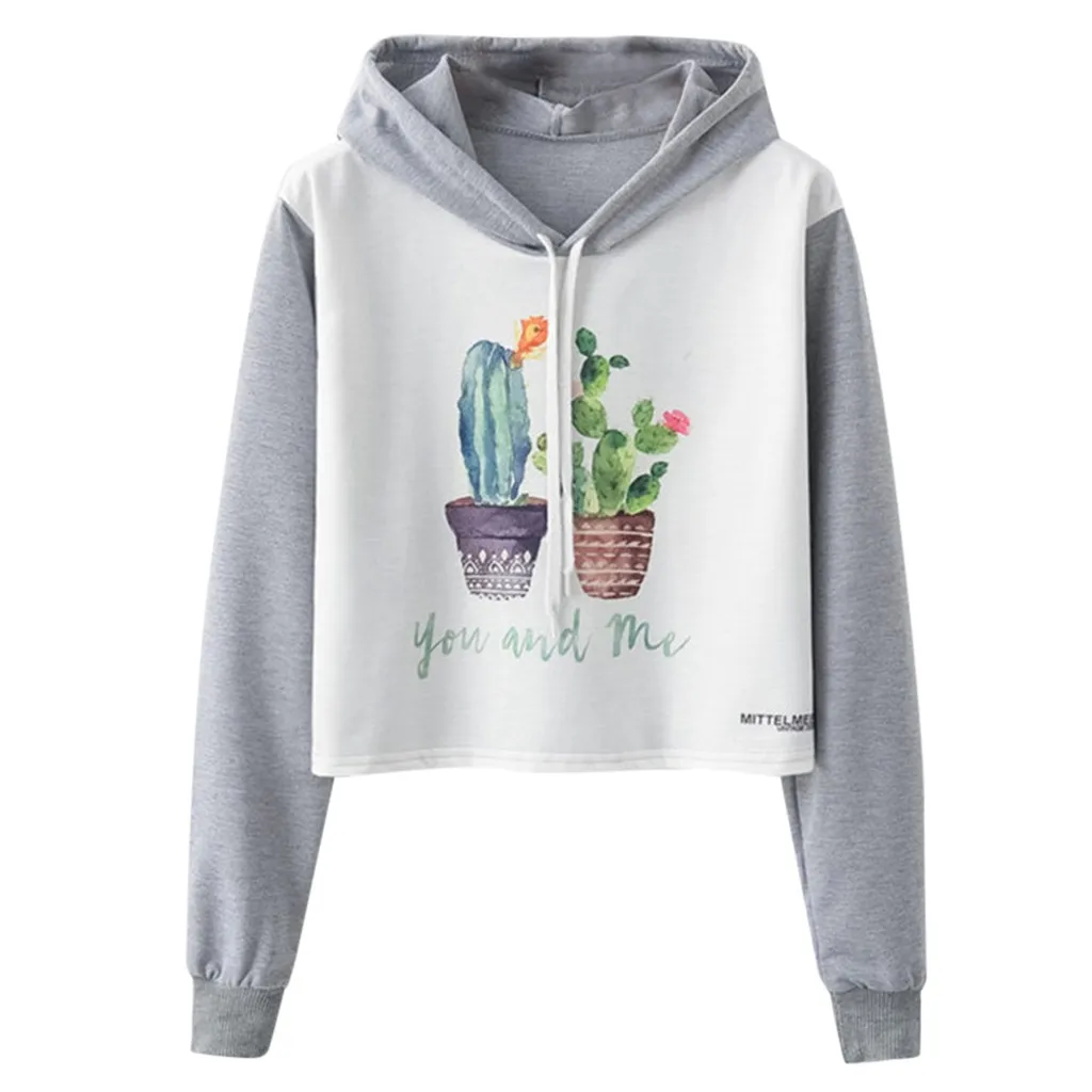 JAYCOSIN Fashion Women Casual Simple Sweatshirt Cactus Print Hooded Long Sleeve Comfortable Popular Cartoon Soft Short Blouse