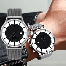 Мужские часы Модные кварцевые повседневные ультратонкие наручные часы с синим указателем и сетчатым ремешком из нержавеющей стали в подарок