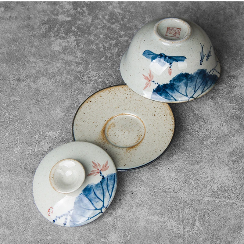 Hand Painted Lotus Gaiwan For Tea Pottery Tureen With Lid Teaware Kung Fu Tea Ceremony Set Coffee Cups Bowls Fish Chawan