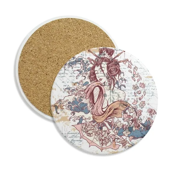 

Geisha Kimono Fan Japan Waves Stone Drink Ceramics Coasters for Mug Cup Gift 2pcs
