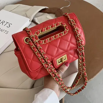 

women new diamond lattice fashion shoulder bag brand lock crossbody bag high quality metal chain hand bags red clutch purse