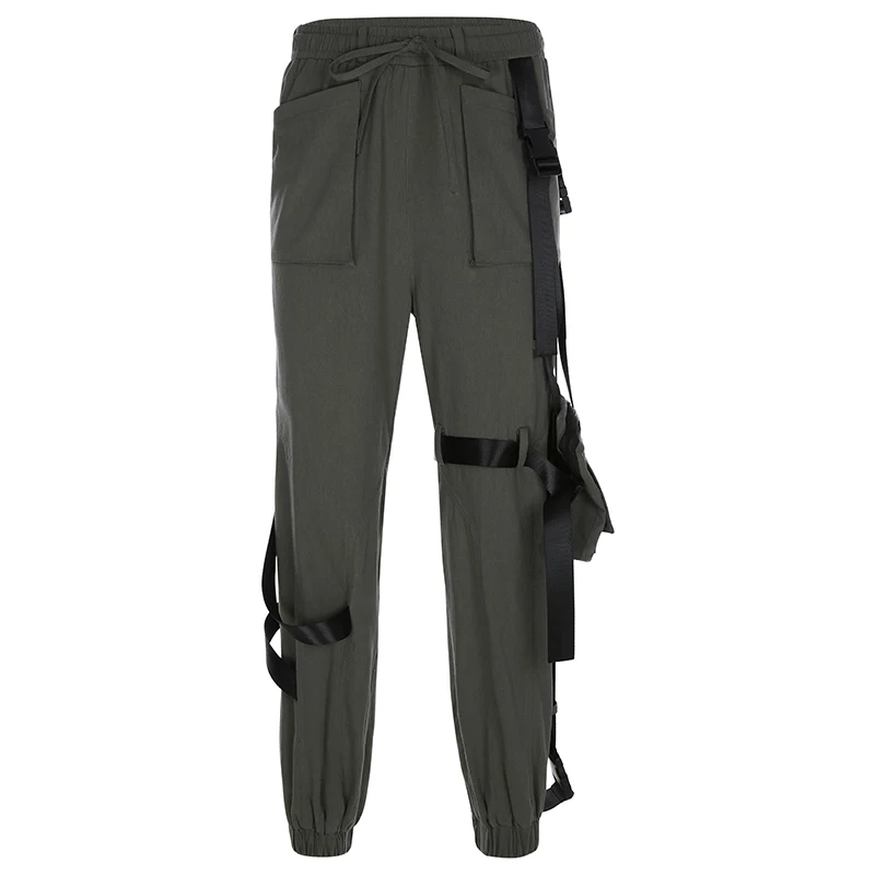 Армейский зеленый Iamhotty брюки карго карманная повязка мода Pantalones De Mujer эластичная талия уличная плоская однотонная корейская мода FemmeBasic - Цвет: Армейский зеленый
