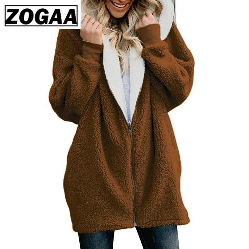 ZOGAA New Winter Women Long Coat Zipper Loose Fluffy Hooded Jacket Warm Fleece Soft Outerwear Cute Overcoat Zip-up 5XL Plus Size
